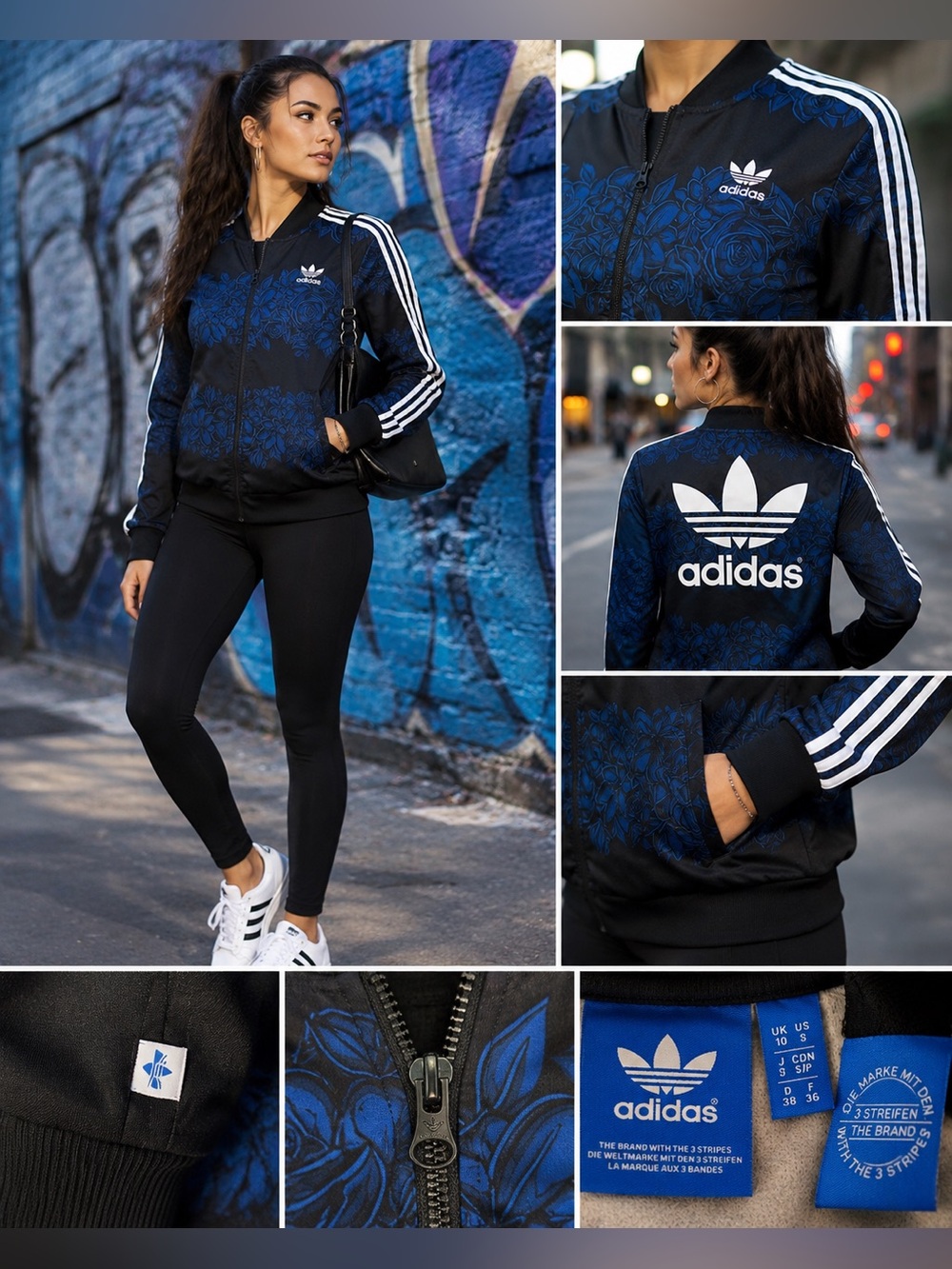 Adidas Originals Floral Firebird Track Jacket Black Blue Trefoil Supergirl Small